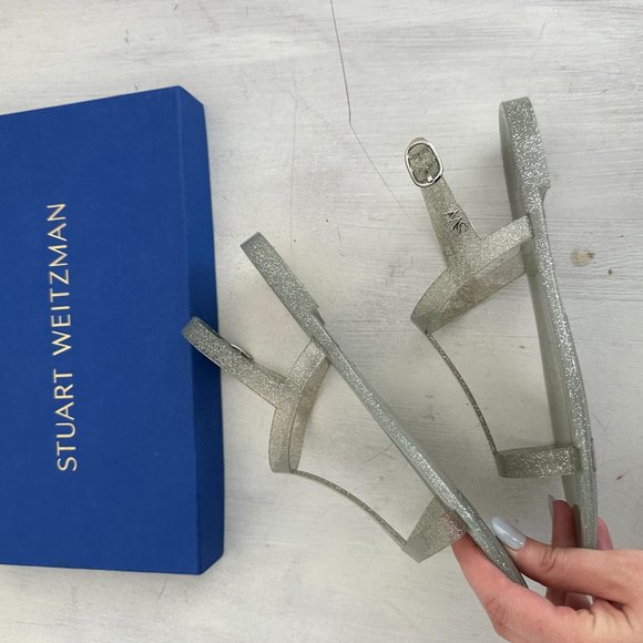 Stuart Weitzman Mellie Jelly Flat Sandals Silver Glitter Open Toe 38.5 - Picture 8 of 11